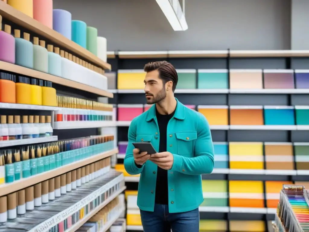 Grupo diverso de artistas en tienda de materiales artísticos en Uruguay, explorando productos coloridos y de alta calidad