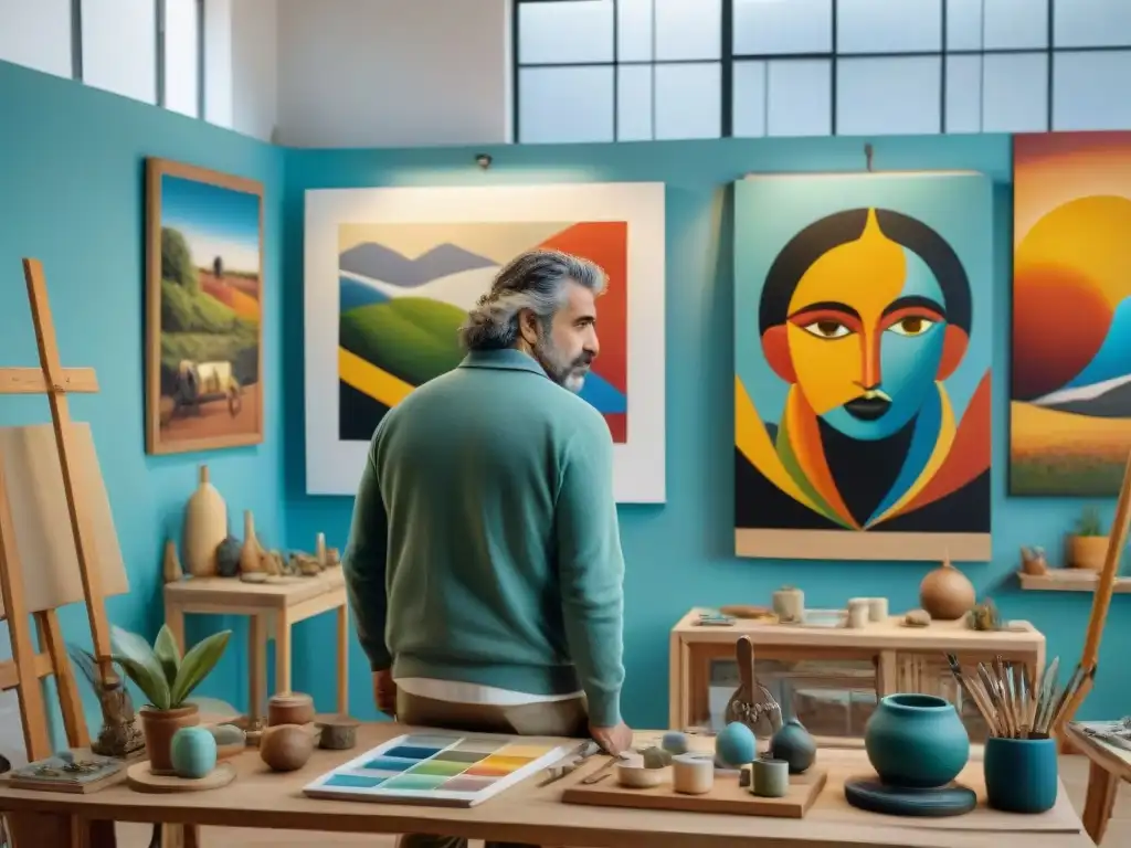 Un grupo diverso de artistas uruguayos apasionados creando en un estudio luminoso