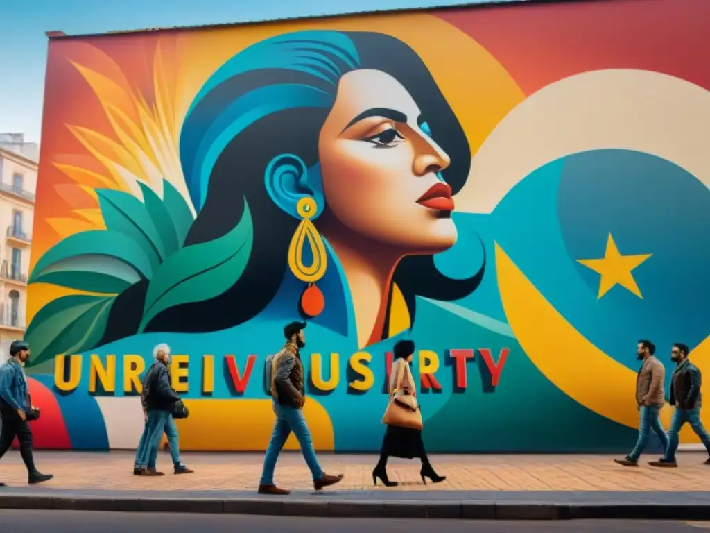 Grupo diverso de artistas uruguayos trabajando juntos en mural vibrante sobre inclusión y diversidad