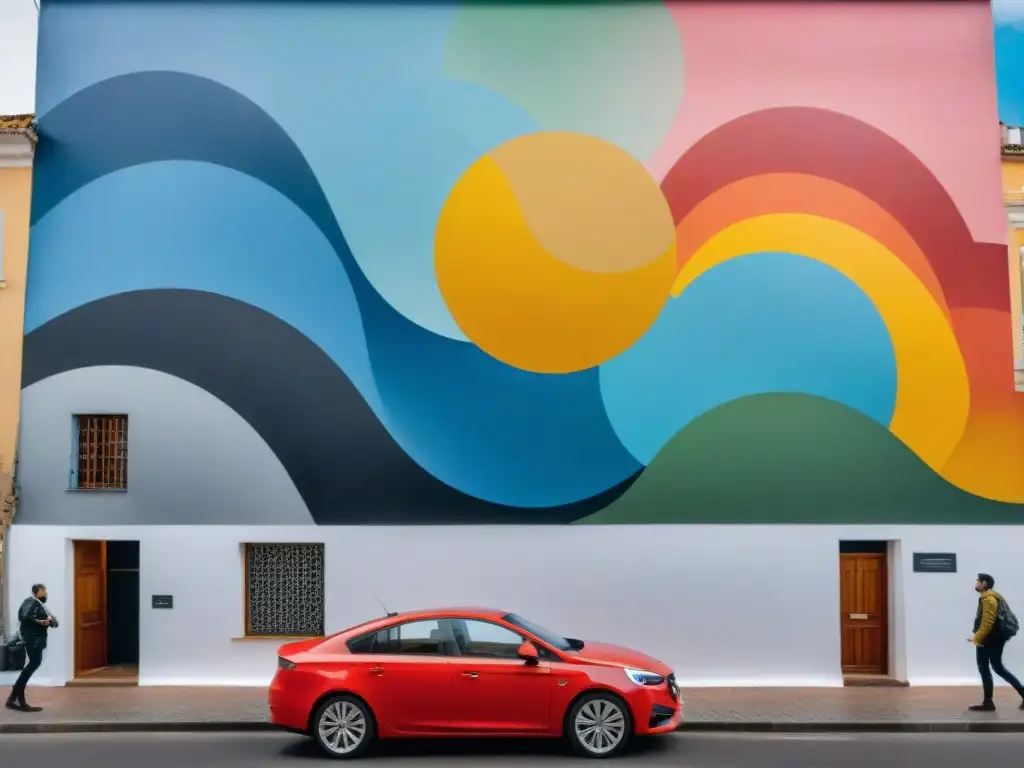 Grupo diverso de artistas uruguayos trabajando juntos en un mural urbano, enérgico y colorido