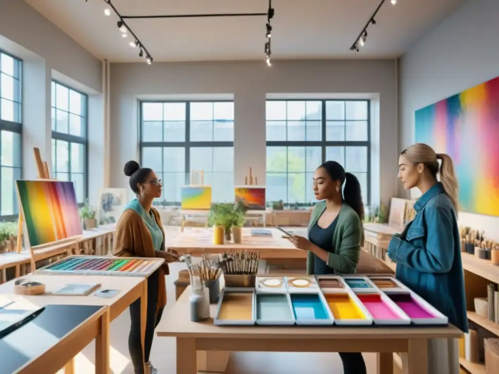 Un grupo diverso de estudiantes se enfoca en sus vibrantes lienzos en un estudio de arte contemporáneo