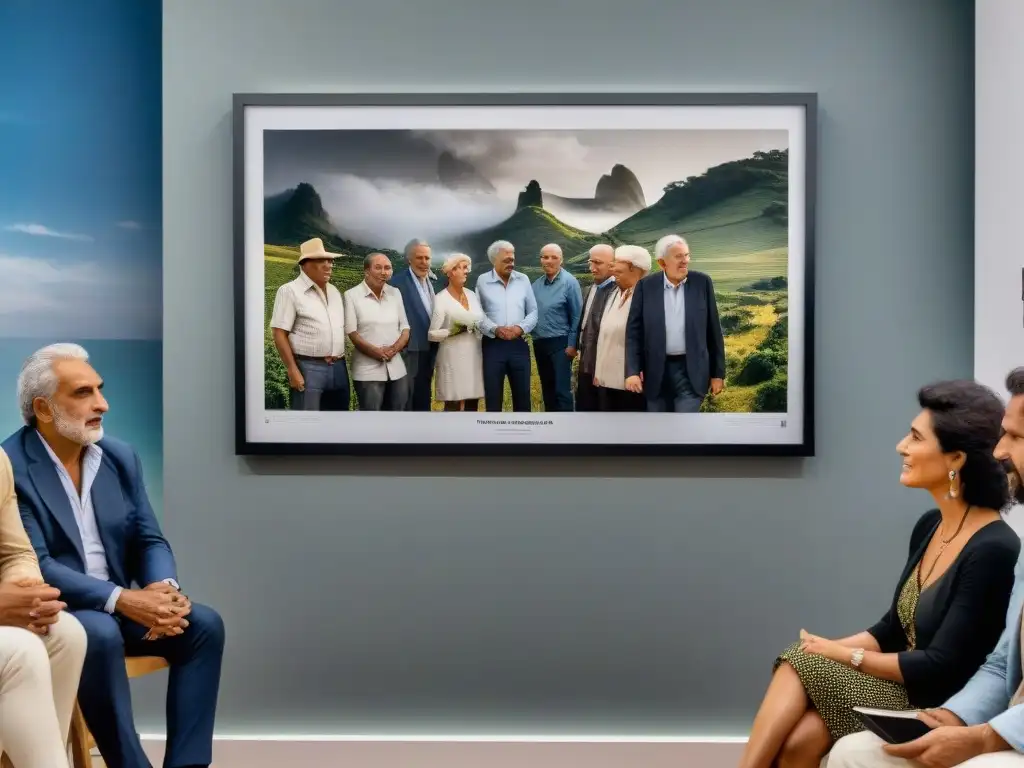 Un grupo diverso en Uruguay contempla una exposición fotográfica histórica, reflejando la transición del país