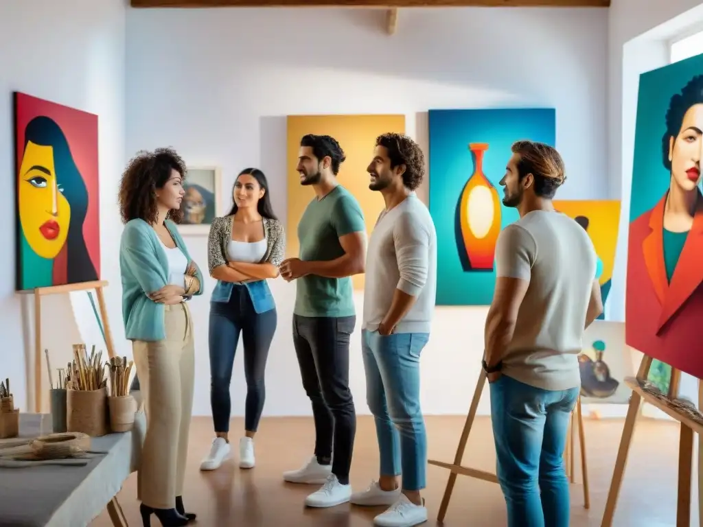 Grupo diverso de jóvenes artistas uruguayos creando arte en estudio vibrante