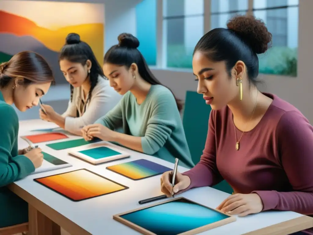 Grupo diverso de jóvenes estudiantes inmersos en un taller de arte contemporáneo uruguayo educativo, creando obras innovadoras con alegría y enfoque