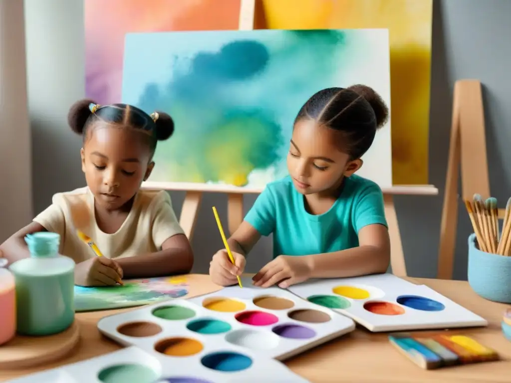 Un grupo diverso de niños crea arte en casa con kits de arte contemporáneo