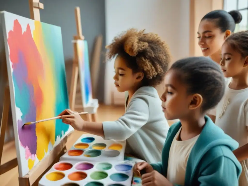 Grupo diverso de niños pintando con pasión en un estudio de arte brillante en Uruguay