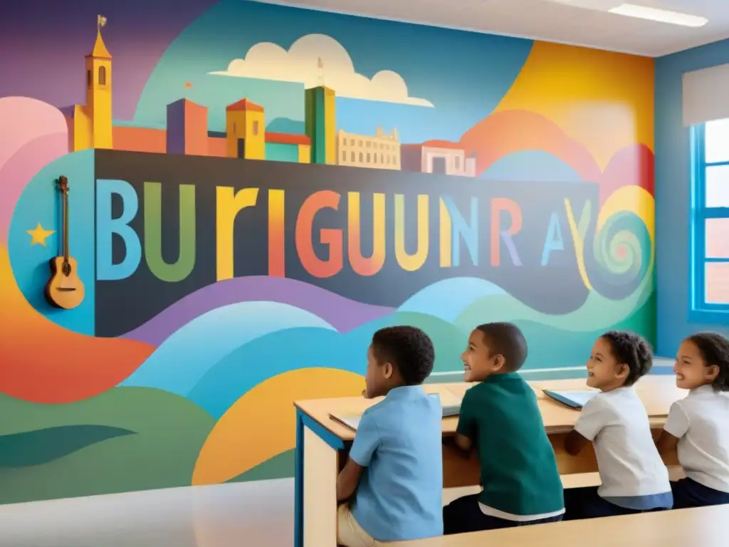 Un grupo diverso de niños de primaria se emociona con un mural de arte contemporáneo uruguayo en un aula luminosa