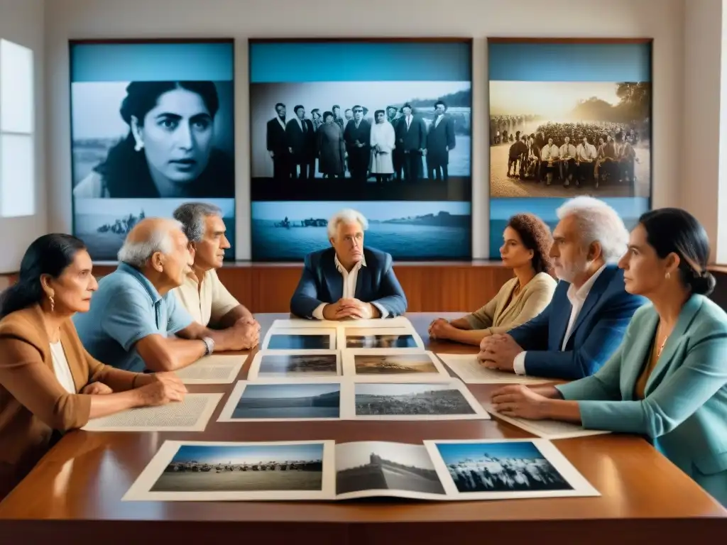 Un grupo diverso de personas rodea una mesa llena de fotos históricas uruguayas, bañados por la luz natural