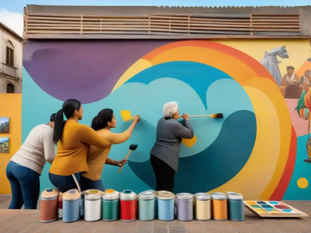 Grupo diverso participa en proyecto artístico comunitario en Uruguay, pintando mural colorido en espacio público