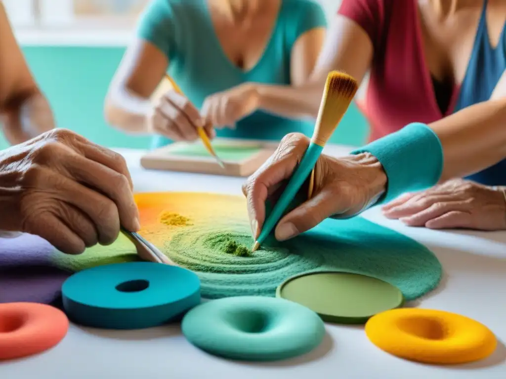 Un grupo diverso disfruta de terapia creativa en un estudio de arte contemporáneo en Uruguay, expresando emociones a través de sus obras