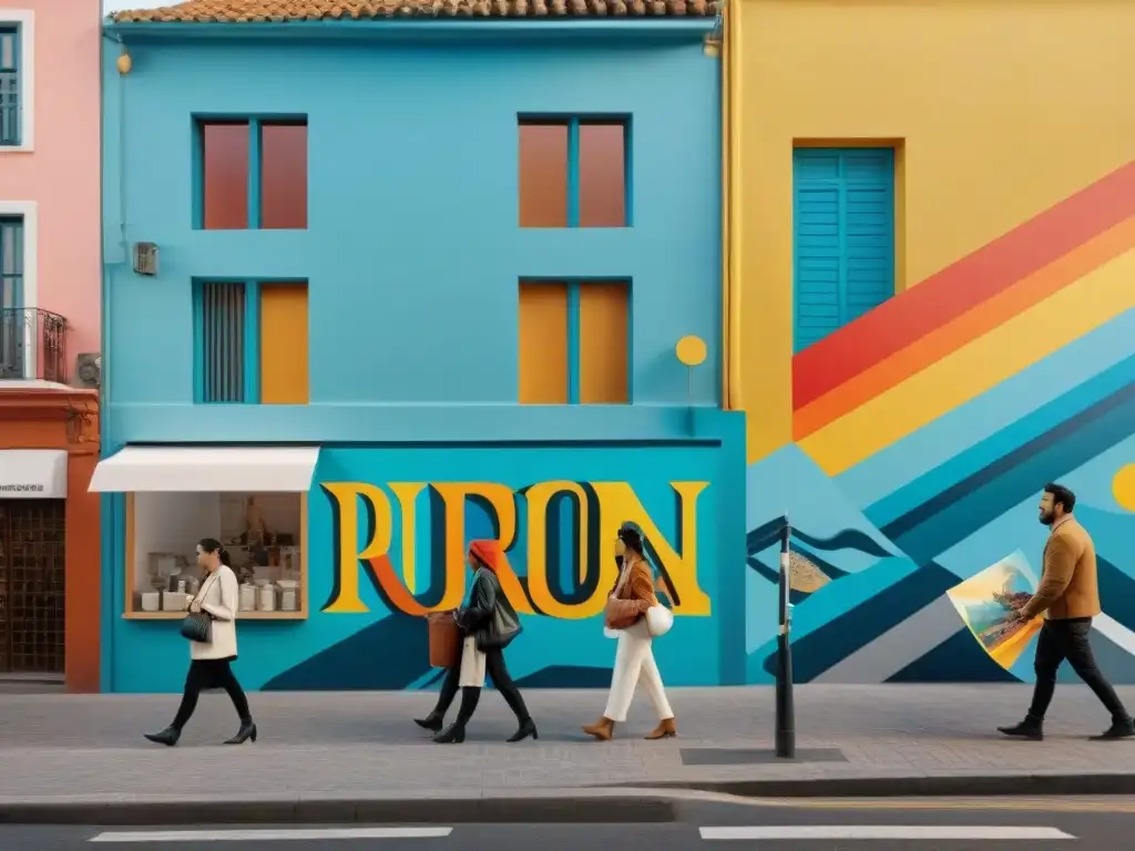 Grupo de jóvenes artistas uruguayos creando mural vibrante en la calle