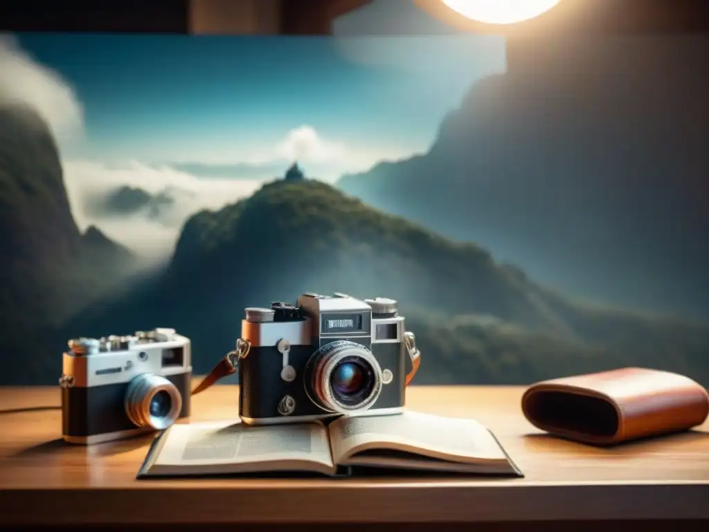 Grupo de pioneros de la fotografía documental en Uruguay, inmersos en su trabajo rodeados de cámaras vintage, mapas y cuadernos