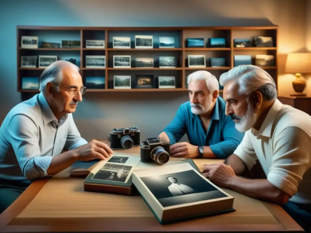 Grupo de pioneros de la fotografía documental en Uruguay, discutiendo proyectos rodeados de cámaras antiguas y fotos históricas