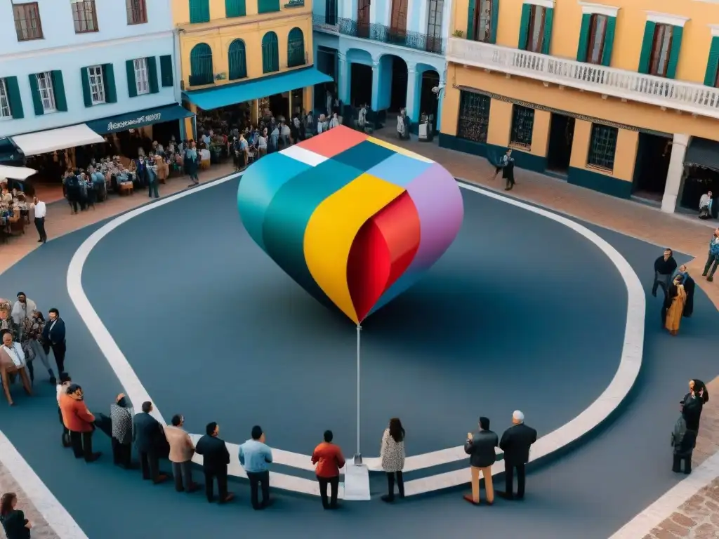 Un impactante arte contemporáneo uruguayo transforma la plaza con formas geométricas vibrantes y coloridas, generando sombras dinámicas en el suelo