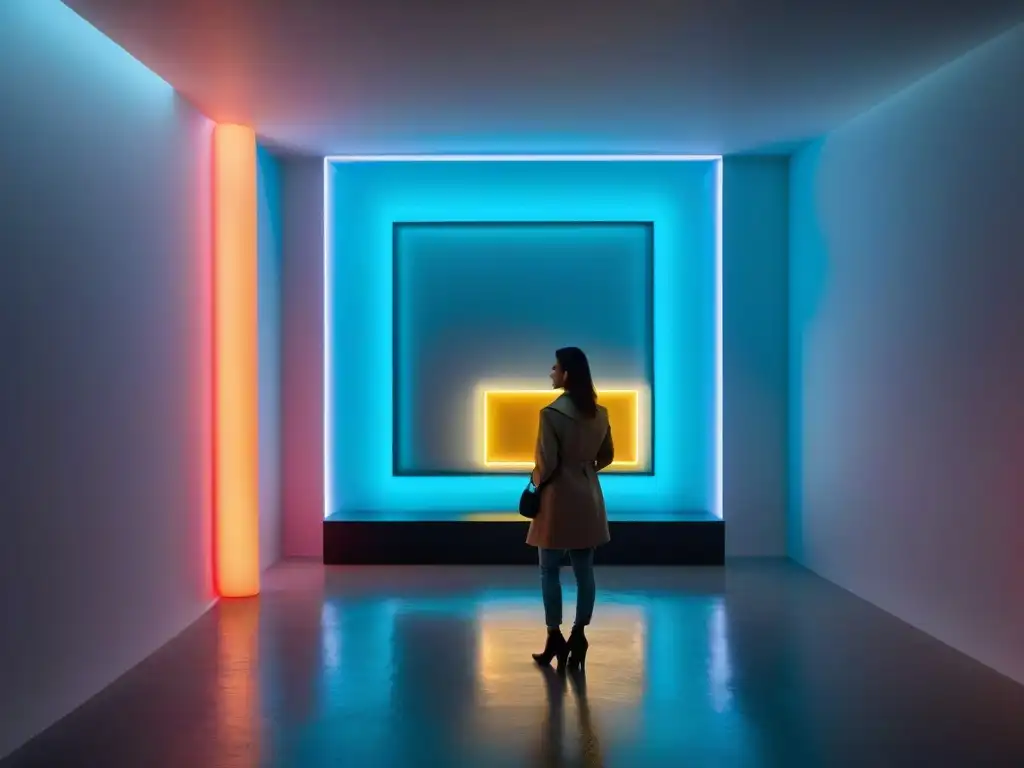 Impactante arte contemporáneo uruguayo en instalación futurista con esculturas metálicas y luces neón