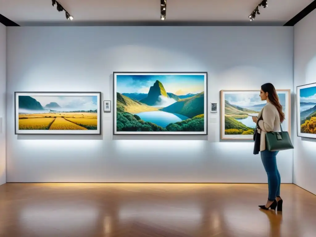 Impactante galería de arte en Uruguay con evolución del paisajismo contemporáneo, iluminada por suave luz natural