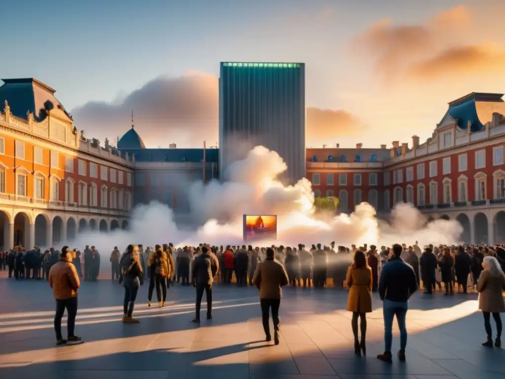 Impactante instalación de arte contemporáneo en plaza urbana con elementos interactivos y diversidad social