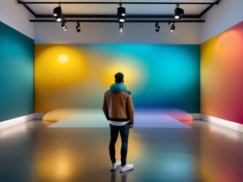 Impactante instalación de arte contemporáneo uruguayo en galería, colores vibrantes y formas innovadoras evocan creatividad y arte conceptual