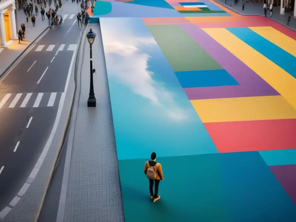 Impactante instalación de arte contemporáneo en plaza pública de Uruguay, con colores vibrantes y formas geométricas suspensas en el aire