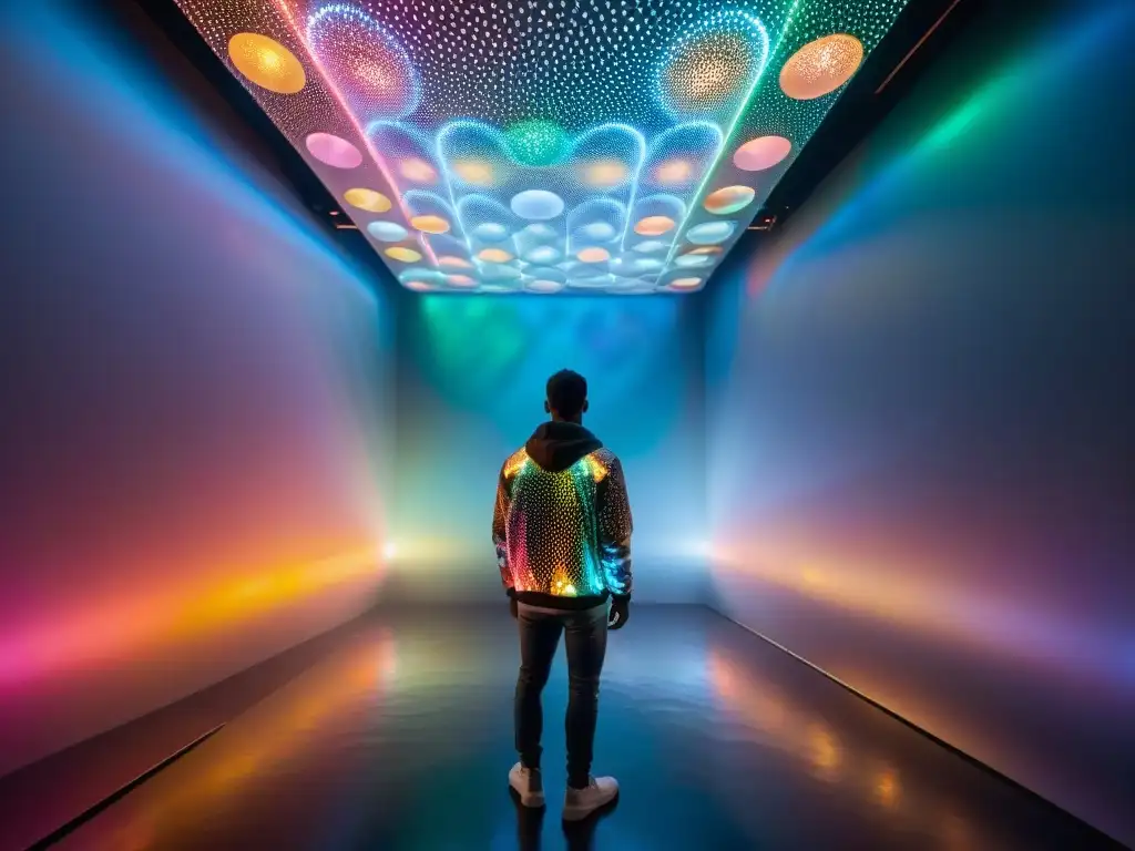 Impactante instalación de arte holográfico en una habitación oscura, con patrones geométricos vibrantes y colores intensos