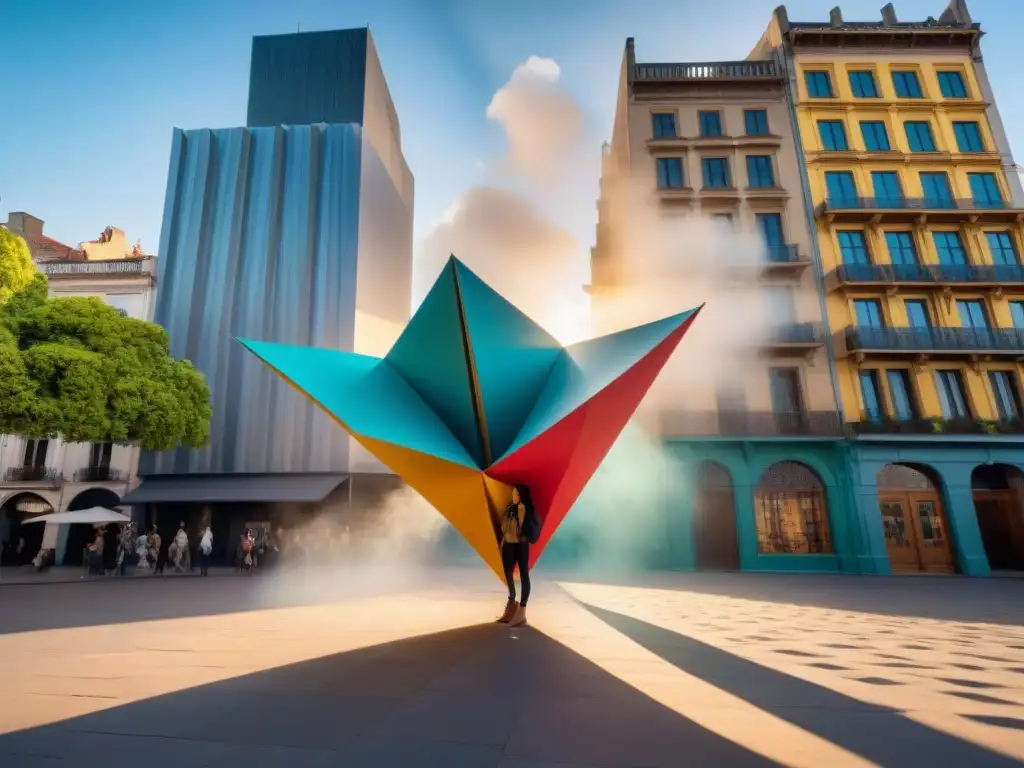 Impactante instalación de arte urbano en plaza de Uruguay con esculturas de origami gigantes suspendidas en el aire