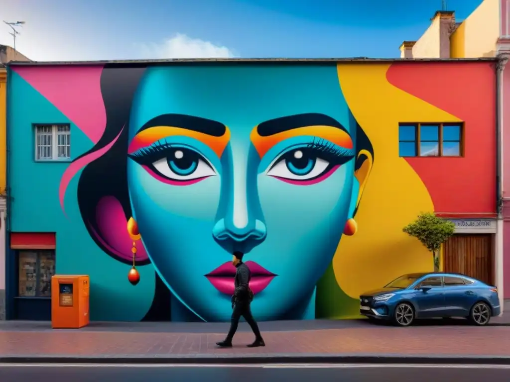 Impactante mural de arte callejero en Montevideo, Uruguay, con formas abstractas y colores vibrantes