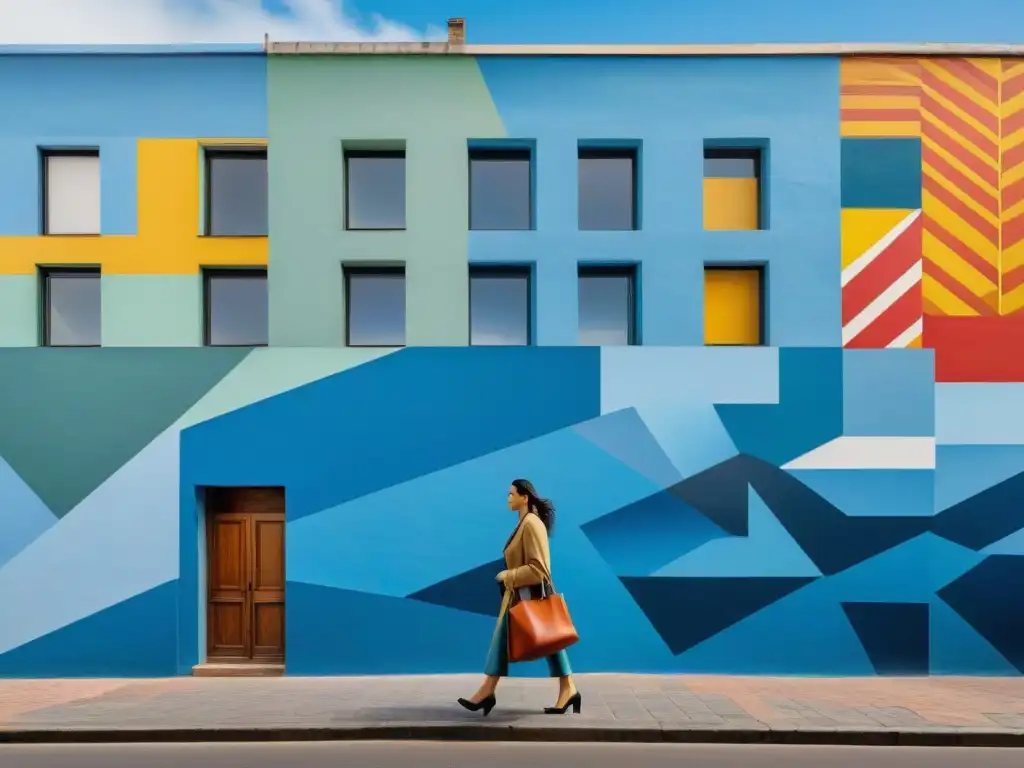 Impactante mural de arte contemporáneo uruguayo embelleciendo Montevideo, con vibrantes formas y patrones geométricos, admirado por la sociedad