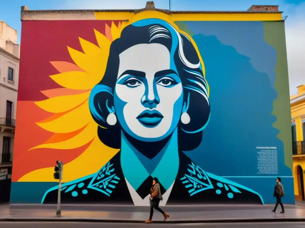 Impactante mural en Montevideo representando el arte contemporáneo Uruguay dictadura con colores vibrantes y detalles simbólicos de resistencia