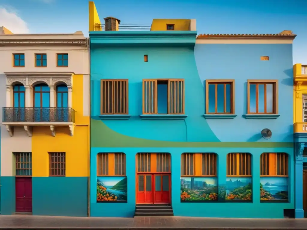 Impactante mural de arte urbano en Montevideo, Uruguay, con vibrantes colores y patrones geométricos