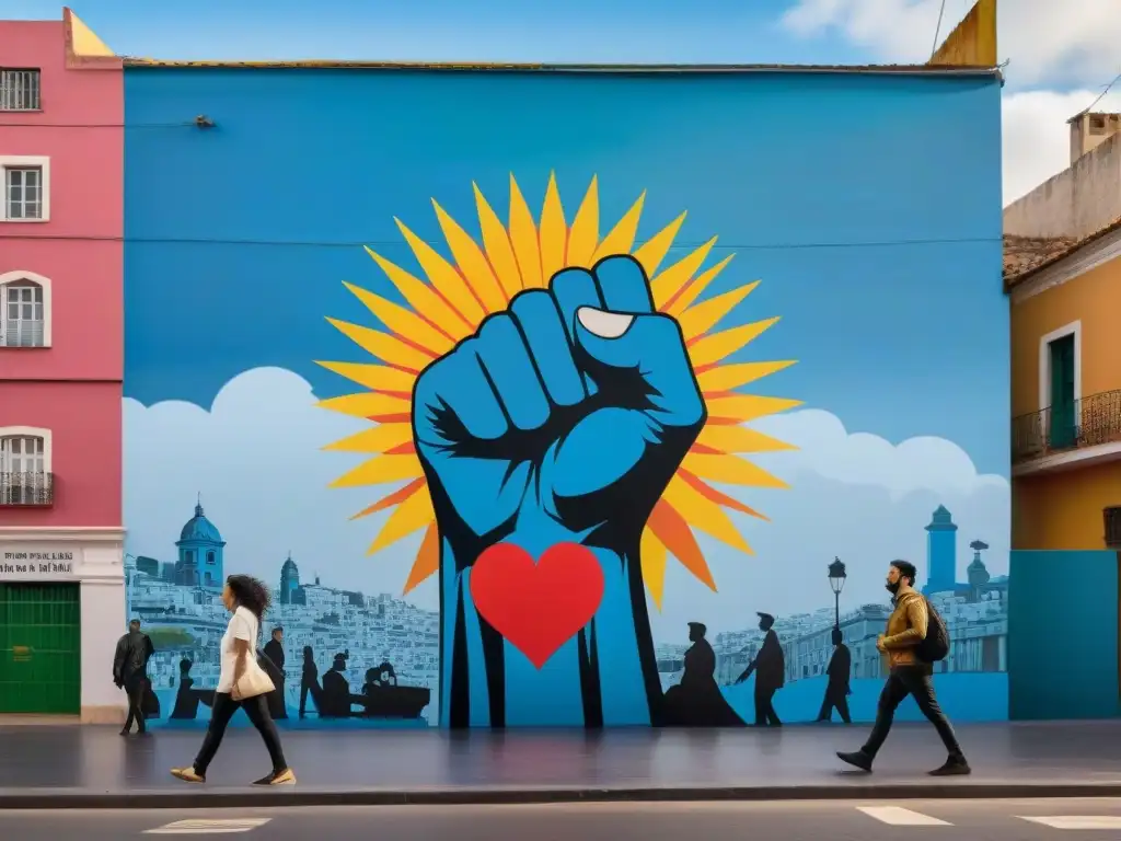 Impactante mural urbano en Montevideo con fuerte mensaje político y colores simbólicos del país, reflejando el arte contemporáneo uruguayo