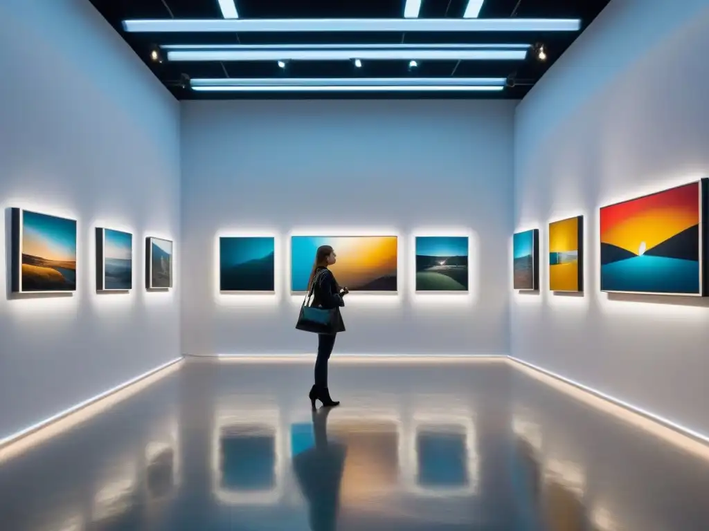 Impacto de la iluminación en arte: Galería de arte contemporáneo con obras abstractas vibrantes iluminadas por focos estratégicos