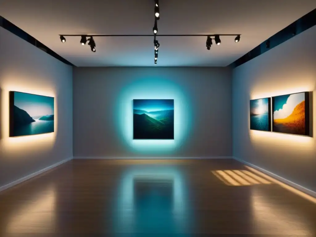 Impacto de la iluminación en arte: Galería contemporánea con iluminación moderna resaltando pinturas abstractas