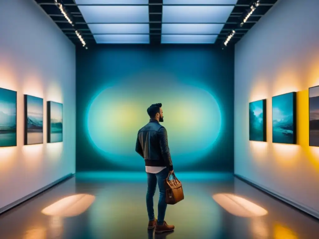 Impacto de la iluminación en arte: Galería contemporánea con obras abstractas vibrantes, iluminadas por focos estratégicos y sombras dinámicas