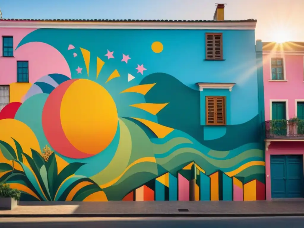 Impacto de colectivos artísticos uruguayos en sociedad: mural vibrante con patrones geométricos y colores audaces, uniendo culturas y generaciones