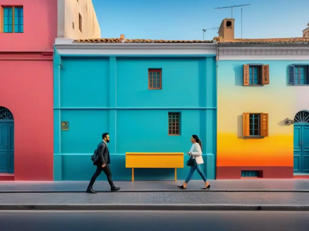 Impacto cultural del arte contemporáneo en Uruguay: mural callejero vibrante en Montevideo con colores intensos y detalles intrincados