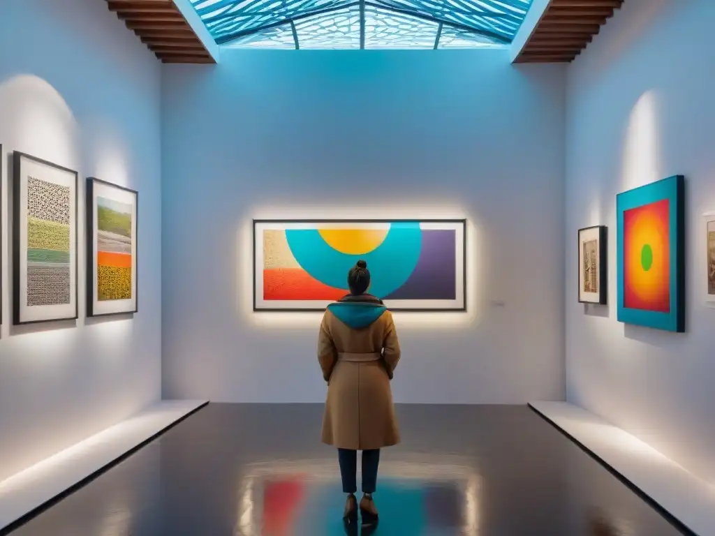 Importancia de centros culturales arte Uruguay: Galería de arte vibrante y moderna con obras contemporáneas coloridas y esculturas detalladas