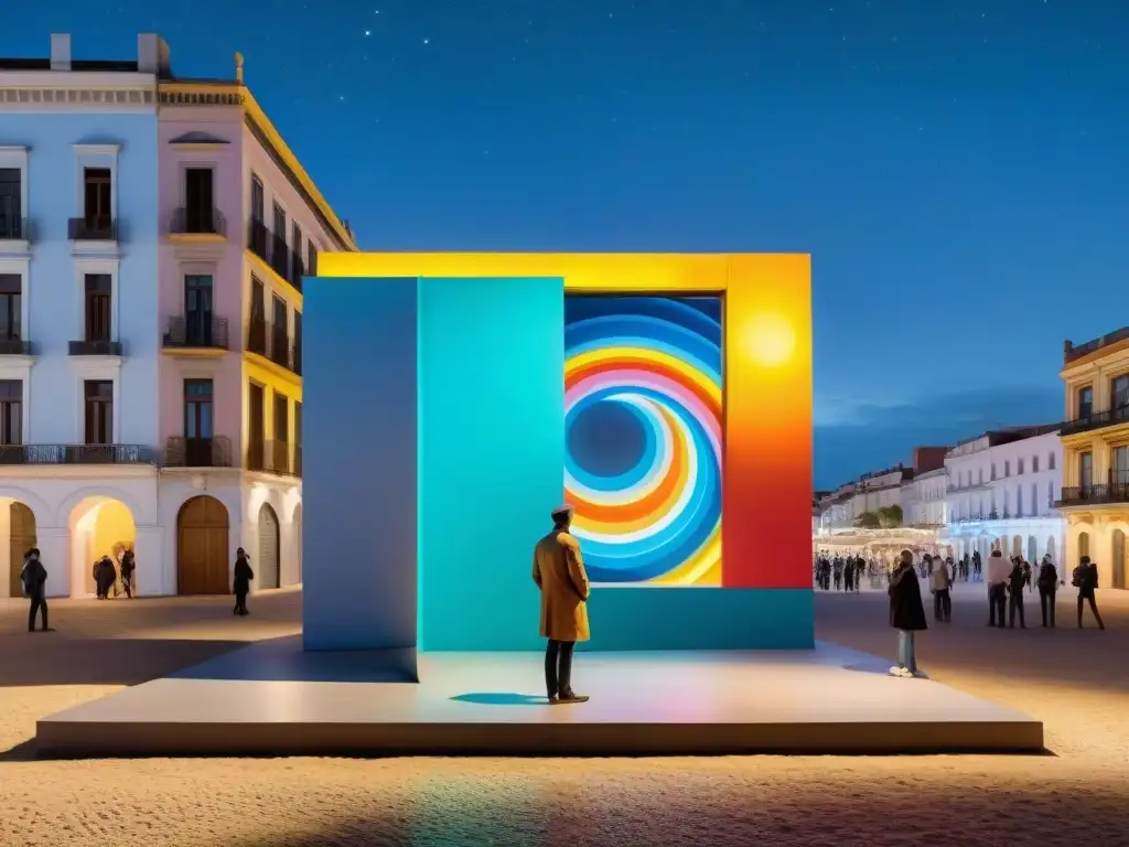 Un impresionante arte contemporáneo Uruguay al aire libre, con vibrantes colores y formas geométricas, iluminado por luces nocturnas