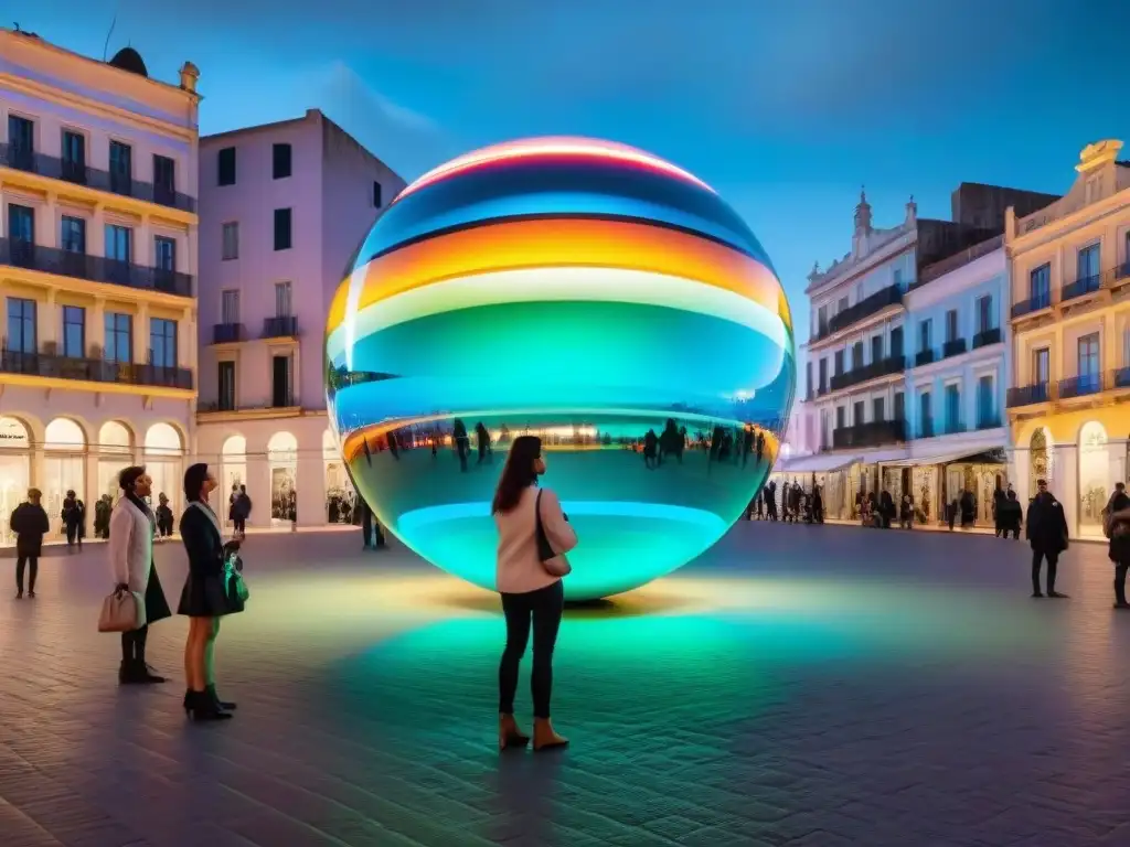 Impresionante instalación de arte interactivo en Uruguay: esfera de espejos reflejando luces y formas coloridas en plaza urbana