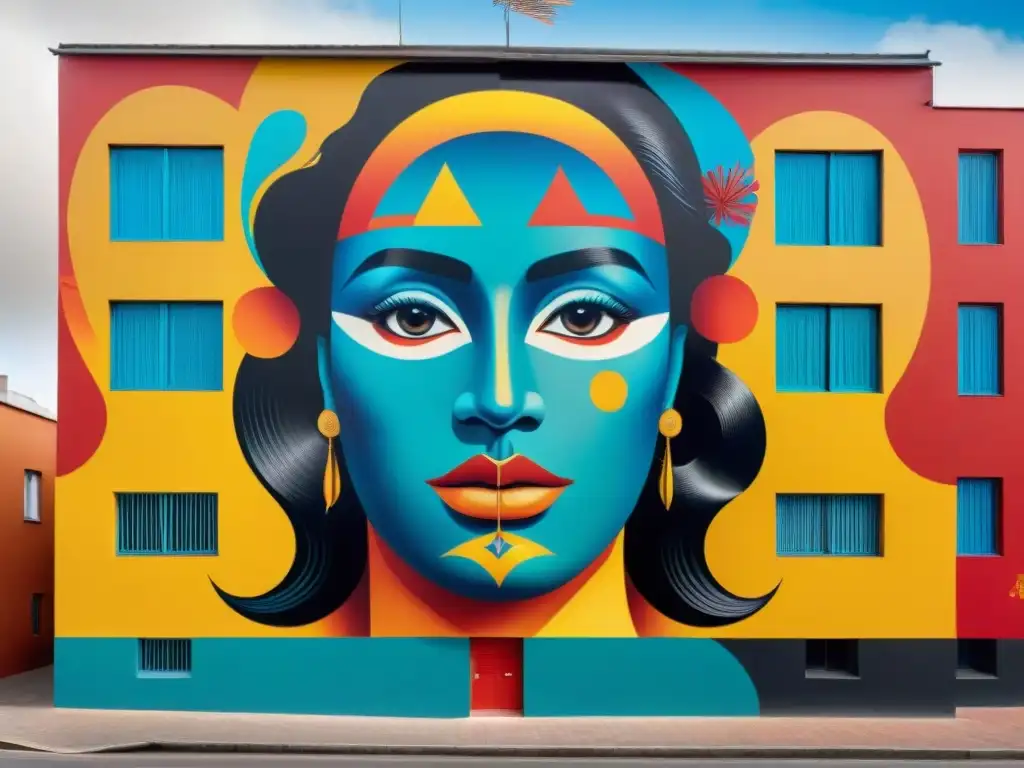 Impresionante mural de arte contemporáneo uruguayo impacto cultural con motivos tradicionales y colores vibrantes