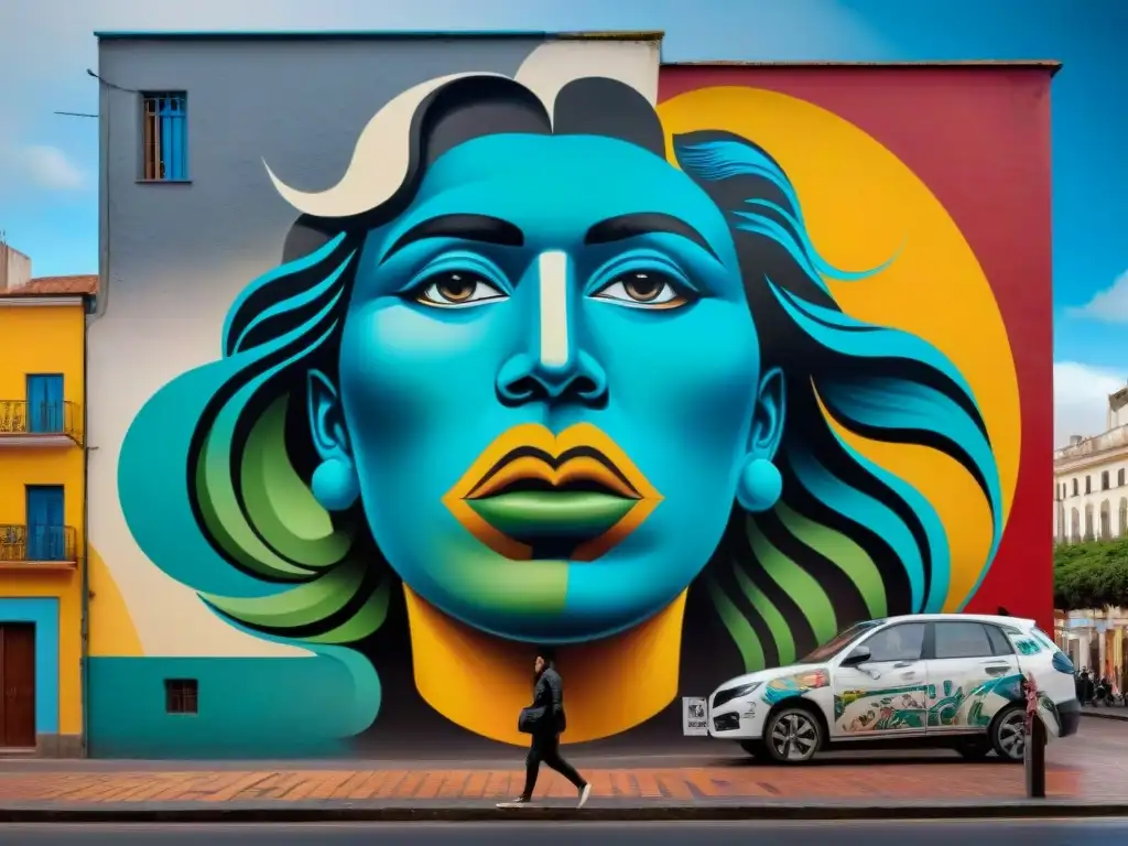 Un impresionante mural urbano contemporáneo en Montevideo, Uruguay, fusionando tradición y modernidad con colores vibrantes y detalles intrincados