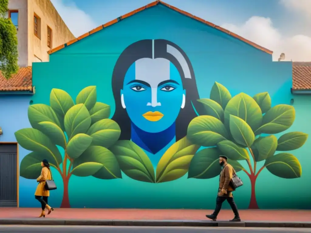 Impresionante mural urbano que representa la identidad comunitaria en Uruguay, con vibrantes colores y elementos simbólicos