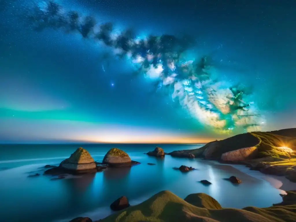 Una impresionante vista de la Vía Láctea sobre la costa de Uruguay, reflejada en el mar