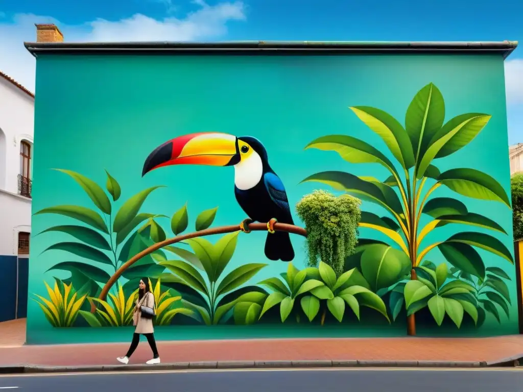 Increíble mural callejero en Montevideo, Uruguay, retratando una exuberante selva con flora y fauna colorida