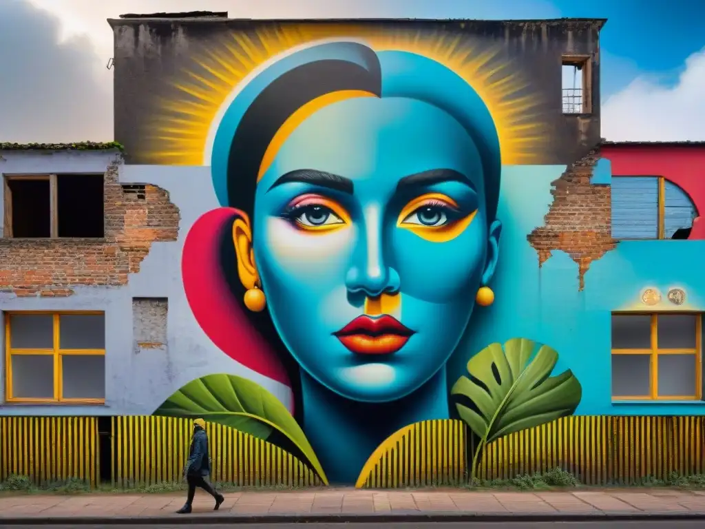 Increíble mural urbano transformando un edificio abandonado en Uruguay con colores vibrantes y formas abstractas