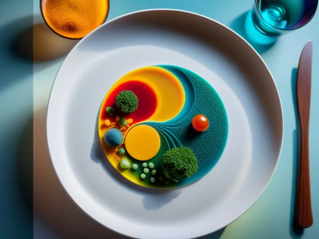 Innovaciones gastronomía artistas uruguayos: Plato vibrante inspirado en arte abstracto, fusionando ingredientes locales en una obra de arte culinaria