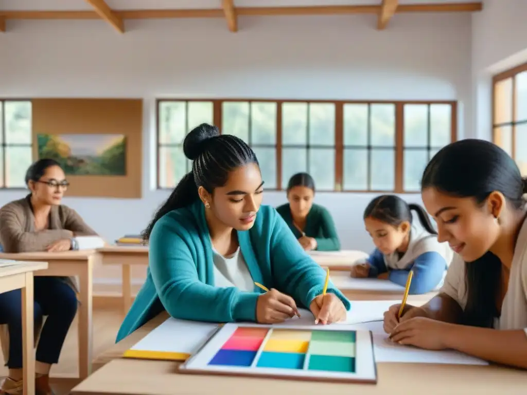 Inspirador grupo de estudiantes de diversas edades y etnias colaborando en proyecto artístico en aula de arte innovadora en Uruguay