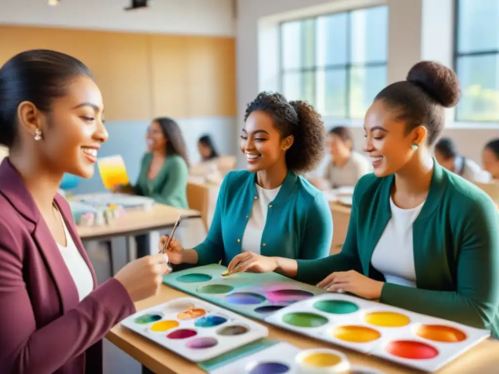 Inspiradora colaboración artística de alumnos diversos en un aula llena de color