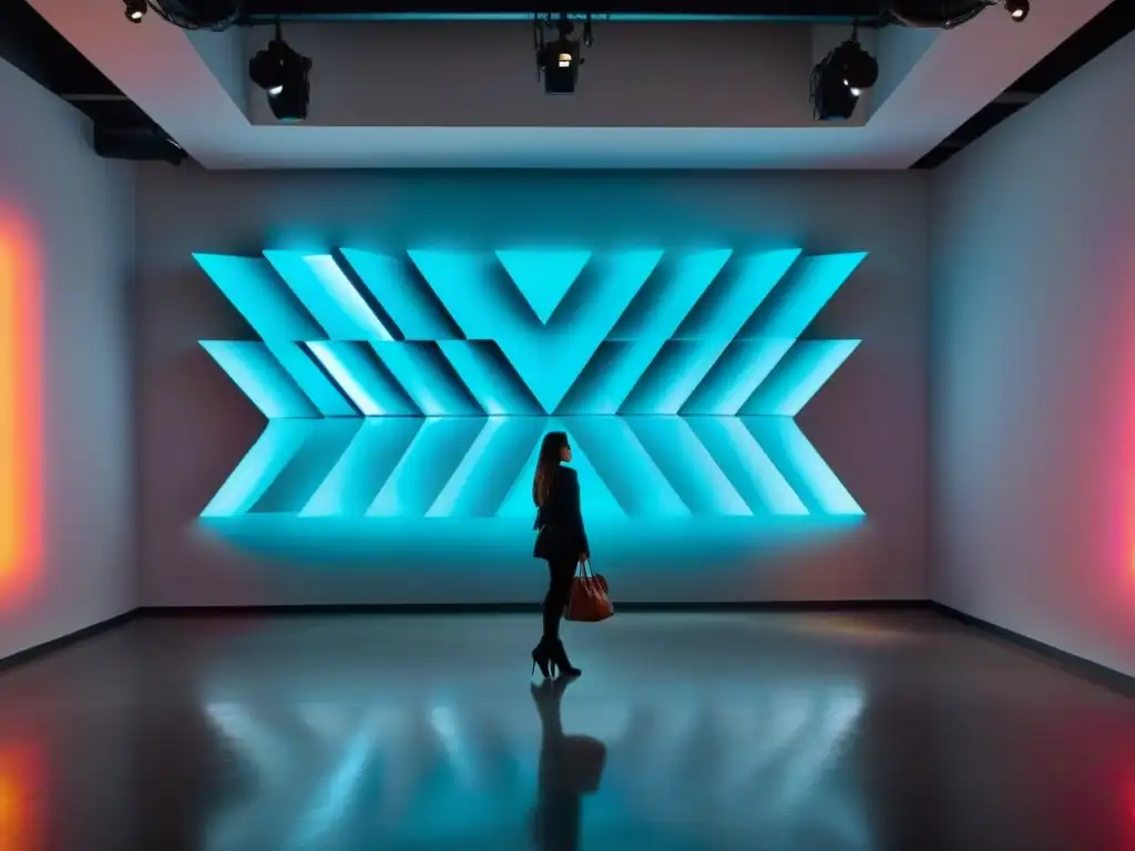 Instalación de arte contemporáneo en Uruguay: revolución digital con paneles LED interactivos y patrones geométricos vibrantes en galería futurista