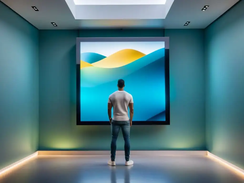 Instalación de arte contemporáneo en Uruguay fusionando elementos tradicionales con tecnología de vanguardia, exhibiendo colores vibrantes y pantallas digitales interactivas en un espacio galería moderno y elegante