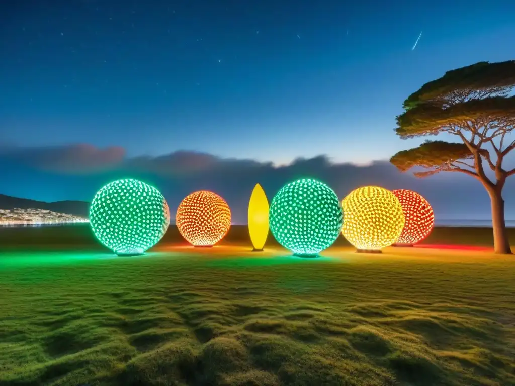 Una instalación de arte contemporáneo en Uruguay con energía solar: luces LED coloridas crean formas geométricas dinámicas en la noche estrellada